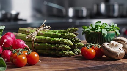 Vibrant Assortment Of Fresh Vegetables On A Wooden Cutting Board In A Modern Kitchen
