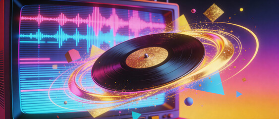 Experience a burst of color with this retro music visualization illustration