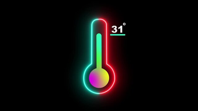 Neon Medical thermometer icon animation. Thats indicates weather temperature 31 degree increase or decline. Thermometer equipment showing hot or cold weather. 4k video alpha channel animation.