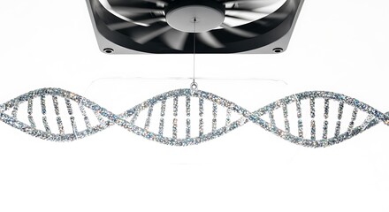 Glittering D N A double helix model suspended by a thin wire from a spinning fan blade genetics science