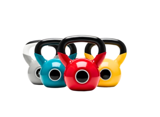 Four colorful kettlebells set isolated on transparent background