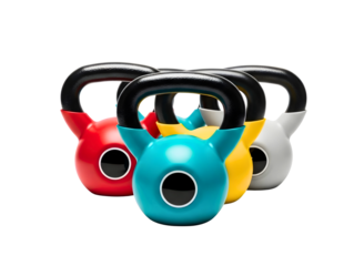 Four colorful kettlebells set isolated on transparent background