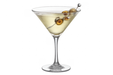 Martini cocktail with olives on clear background