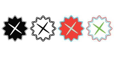 Four colored reject symbols with jagged edges on white background