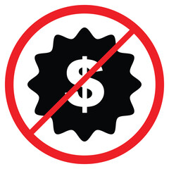 Forbidden symbol with gear and dollar sign inside red circle on white background