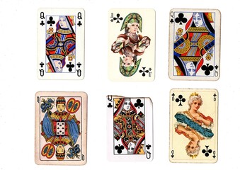 Fototapeta premium A vintage queen of clubs playing card in six different designs.