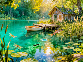 Forest Stream Cottage with Ducks, piere and Dock Artwork