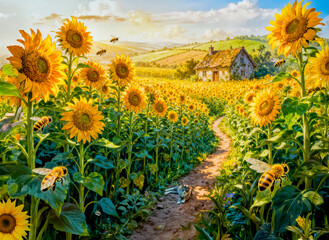 Sunflower Path Cottage with Cat and Blossoming Meadow Artwork