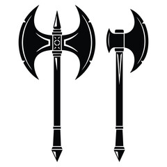 Black silhouette of two fantasy battle axes with sharp blades and handles  medieval weapon design