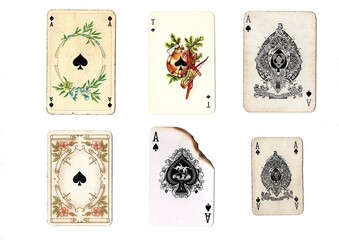 A vintage ace of spades playing card in six different designs.
