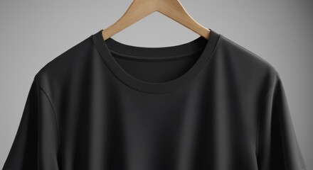 Black t-shirt on wooden hanger against neutral gray background with soft lighting
