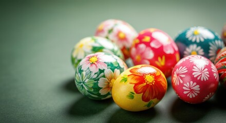 Hand-painted Easter eggs arranged on green background with floral motifs