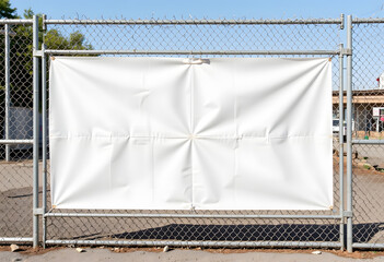 Blank construction banner on fence in urban environment, advertising space