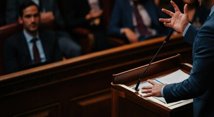 Man speaking at podium in courtroom addressing seated audience during trial