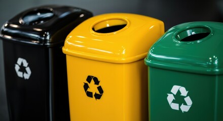 Recycling bins in black yellow and green with glossy surfaces and clear symbols