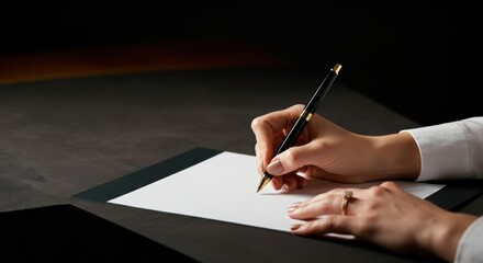 Woman writing on blank paper with elegant pen at dark desk for correspondence