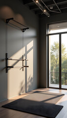 Serene fitness studio interior in morning light, calm atmosphere