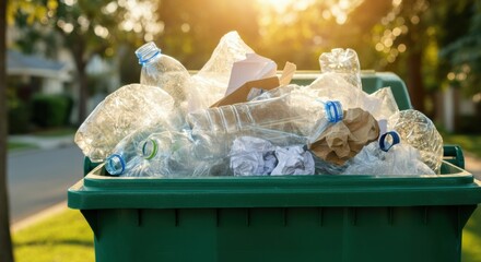 Green recycling bin overflowing with plastic bottles and paper waste in sunlight