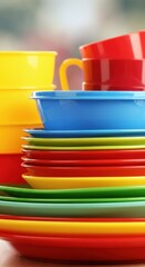 Colorful plastic plates and cups stacked in neat piles on a wooden table