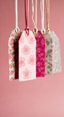 Gift tags with floral patterns and ribbon loops hanging against a pink background