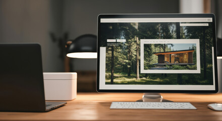 Desktop computer screen showing an architectural website in a modern workspace