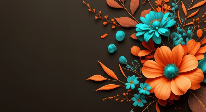 Colorful flowers with teal and orange blooms arranged on dark background
