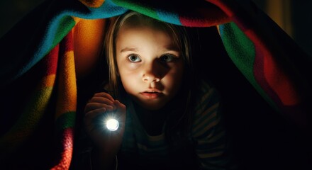 Girl with flashlight peering from under a colorful blanket in dark hideout
