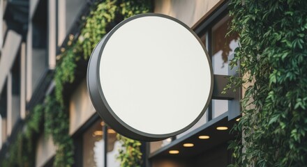 Round blank sign mockup mounted on storefront entrance with green ivy backdrop