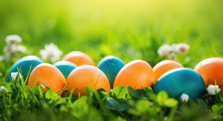 Colorful Easter eggs resting in green grass with small white flowers and clover