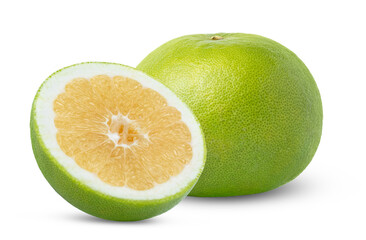 Citrus sweetie or pomelit with cut in a slice isolated. Pomelo, oroblanco fruit with half isolated. Fresh grapefruit sweetie with half of grapefruit sweetie with clipping path.