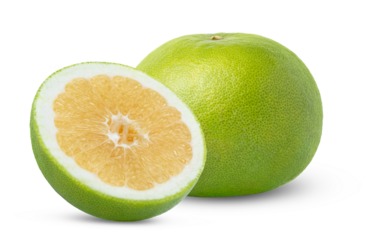 Citrus sweetie or pomelit with cut in a slice isolated. Pomelo, oroblanco fruit with half isolated. Fresh grapefruit sweetie with half of grapefruit sweetie with clipping path.