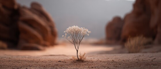 Lone Flower Blooming in Minimalist Desert Landscape Under Soft Natural Light