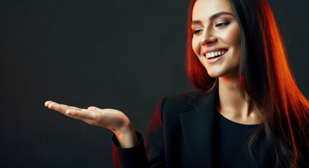 Woman presenting open palm with warm portrait lighting and dark background