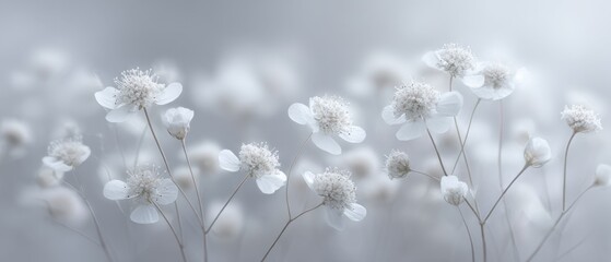 Fototapeta premium Elegant Minimalist Portrayal of Delicate White Sanicle Flowers on Soft Background