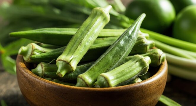 Okra in bowl with fresh green vegetables and garden produce on rustic wooden table