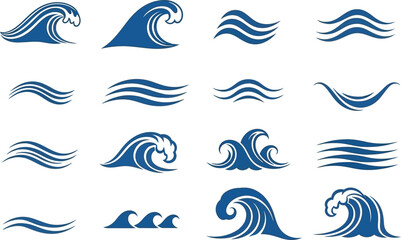 Collection of blue ocean wave icons and graphic elements