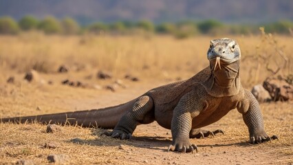 Fototapeta premium Komodo dragon walking across dry savanna landscape, powerful giant lizard in natural habitat, dramatic wildlife scene highlighting prehistoric reptile, biodiversity and nature exploration concept