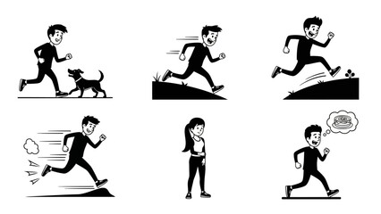 Illustration collection of active man running and jogging with dog in different situations including uphill racing and dreaming of cake reward as goal