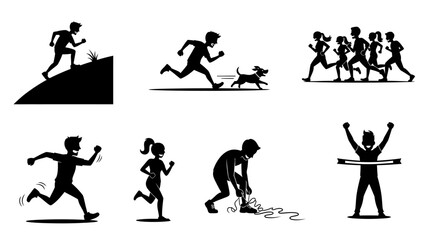 Obraz premium Black silhouette collection of people running together including marathon finish line and group jogging with pets for healthy lifestyle competition art