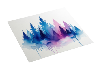 stylized watercolor illustration of deep blue and purple evergreen trees with soft pink highlights, ethereal mist effect on textured paper against transparent background. concept of serene dreamscape