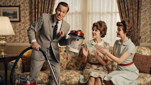 Retro Man Demonstrates Vacuum Cleaner To Amazed 1950s Women