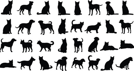 Dog and cat silhouette set featuring multiple poses sitting standing walking pets collection isolated black white vector illustration design icons graphic © Art_By_Aktarina
