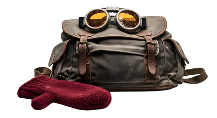 Canvas backpack with aviator goggles and red mitten isolated on transparent background