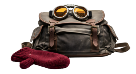 Canvas backpack with aviator goggles and red mitten isolated on transparent background