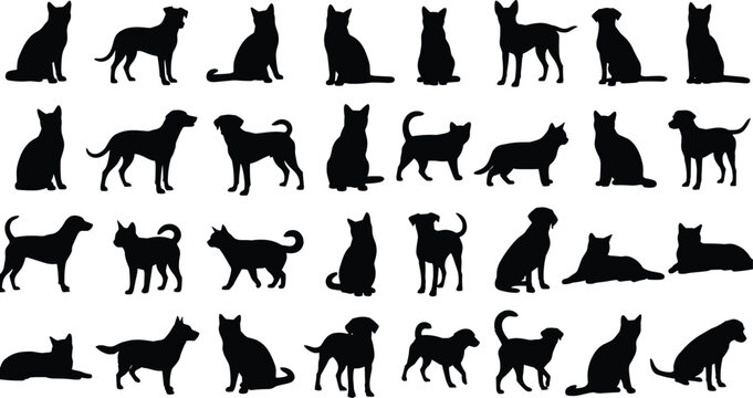 Dog and cat silhouette set featuring multiple poses sitting standing walking pets collection isolated black white vector illustration design icons graphic