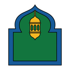 Obraz premium Emblem of Tradition: A stylized emblem, evoking cultural heritage with its ornate arch and a hanging lantern, symbolizing guidance and illumination.