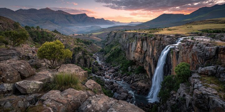 Majestic Maletsunyane Falls in Lesotho - A Breathtaking Landscape at Sunset.