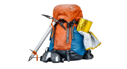 Mountaineering backpack with ice axe and map isolated on transparent background