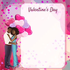 Romantic Black couple with heart-shaped balloons and decorative tree with heards. Valentine Day design with copy space. Square vector illustration.