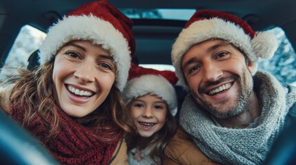 Vacation travel trip journey in holiday season. A family of three, a man, a woman, and a girl, wearing festive red and white Santa hats, driving a car during the holiday season.